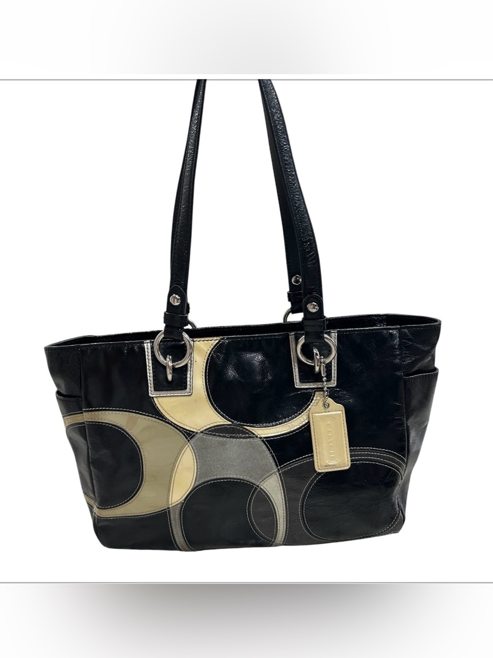 Coach Black Inlaid C Patchwork Leather Suede Tote